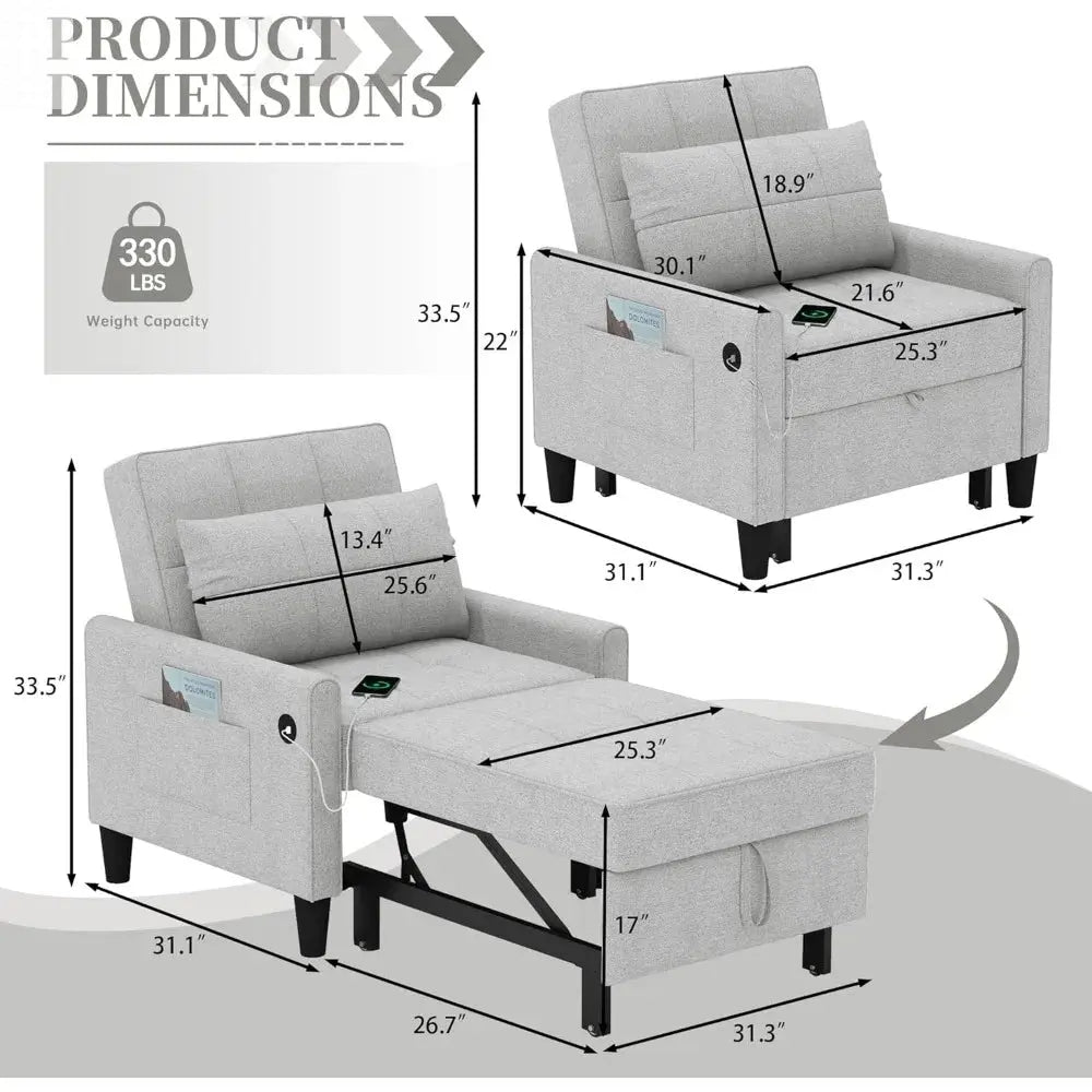 "3-in-1 Sleeper Chair - Convertible Futon with USB Ports & Side Pockets