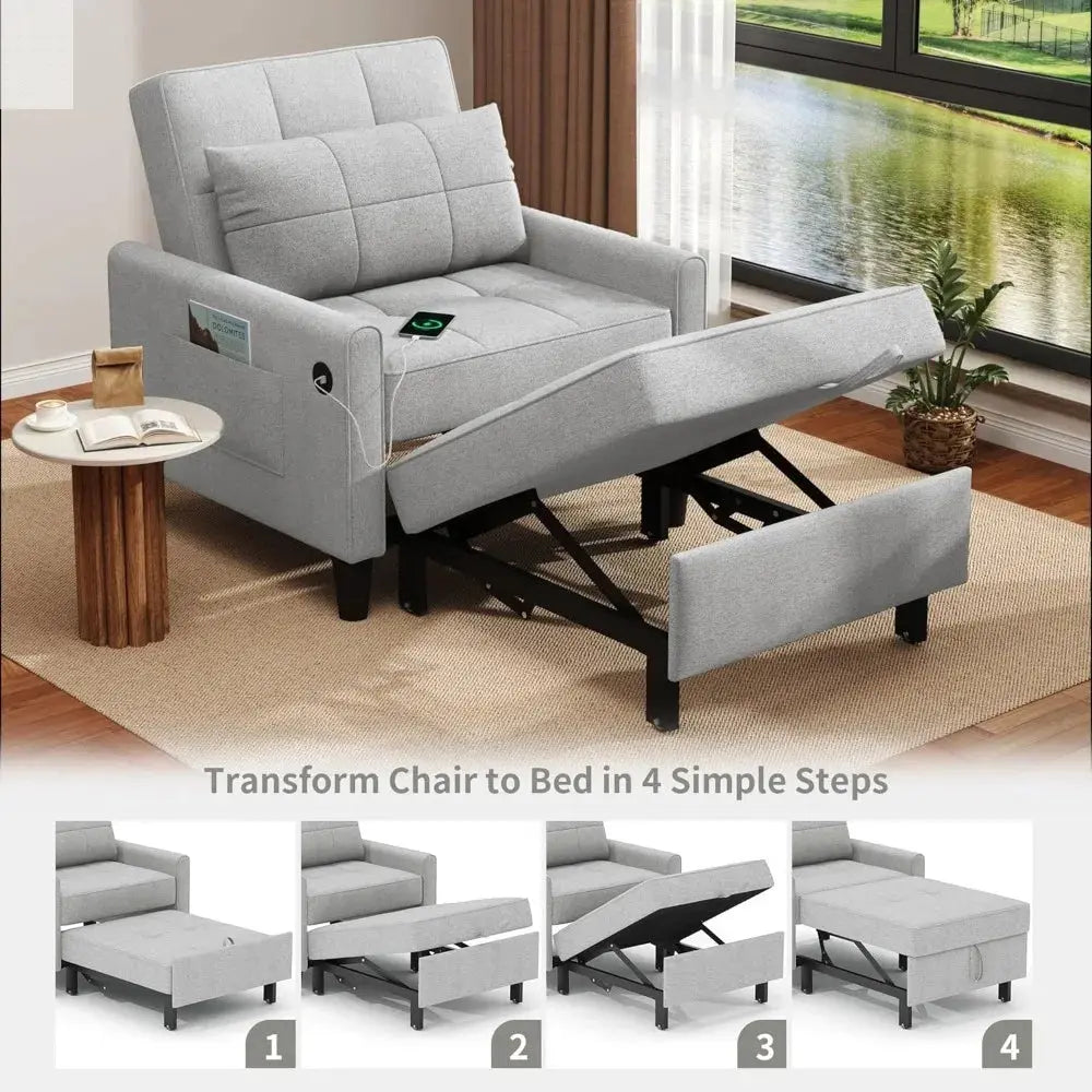 "3-in-1 Sleeper Chair - Convertible Futon with USB Ports & Side Pockets