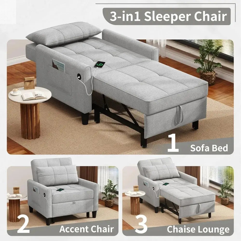 "3-in-1 Sleeper Chair - Convertible Futon with USB Ports & Side Pockets