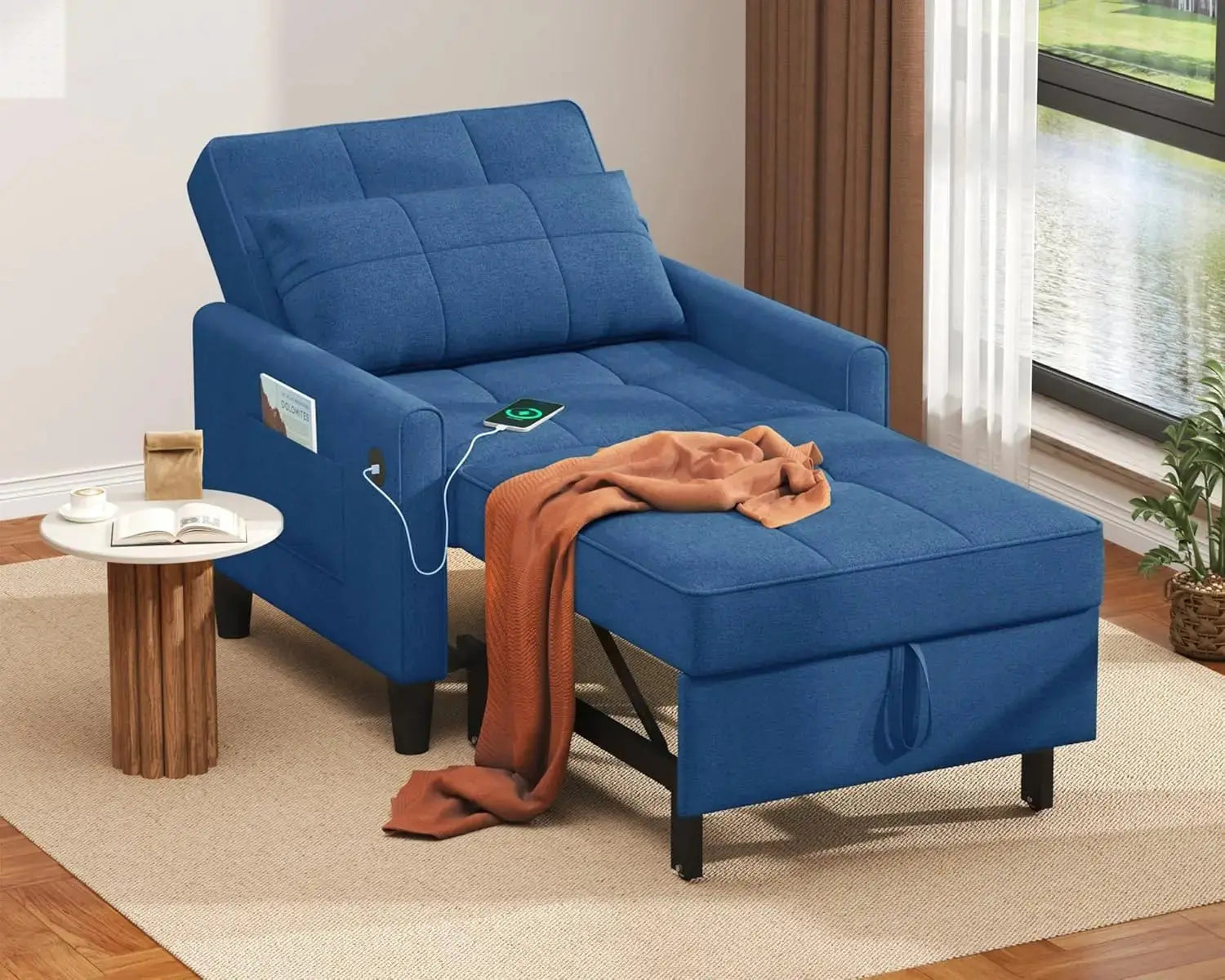 "3-in-1 Sleeper Chair - Convertible Futon with USB Ports & Side Pockets