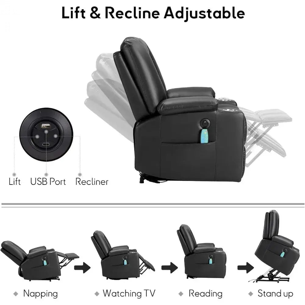 Power Lift Chair with Heat and Massage, with 2 Cup Holders, Side Pocket, USB and Type-c Port,  Faux Leather Lift Recliner Chair