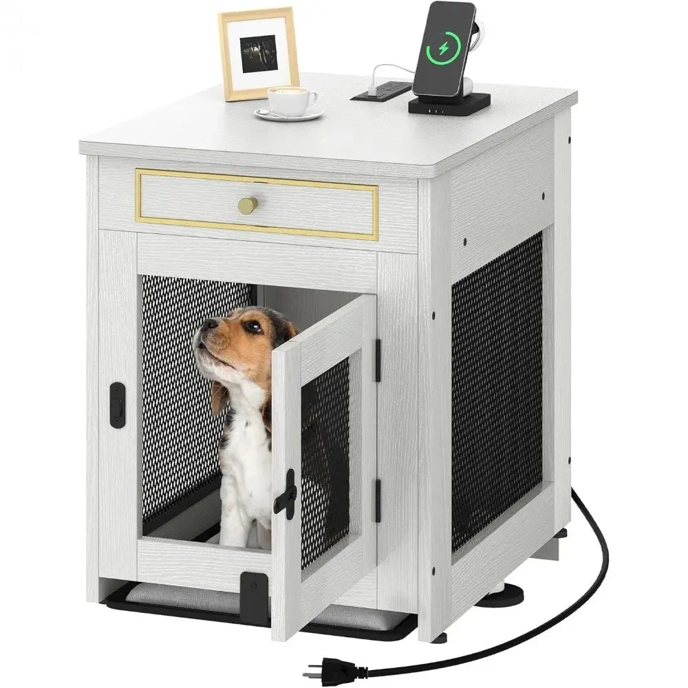Wooden Dog Crate Furniture with Dual USB Ports, End Table for Small Dogs featuring Tray and Cushion