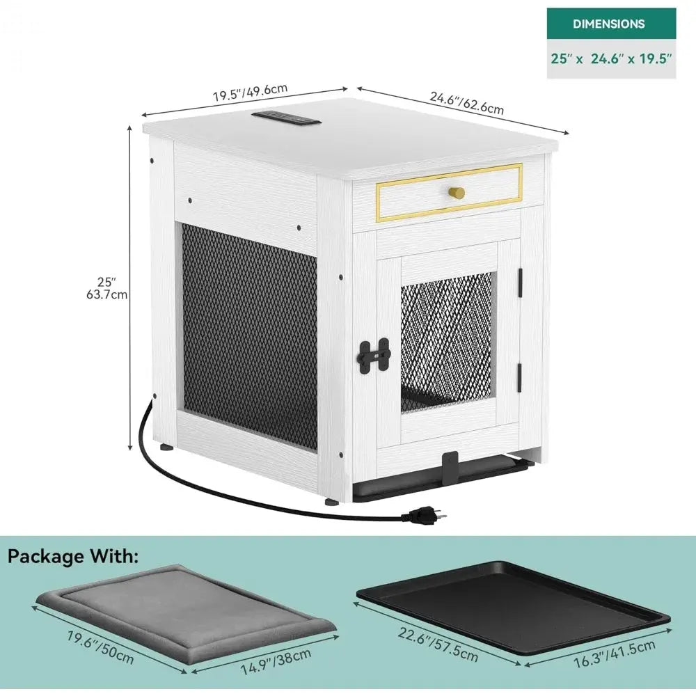 Wooden Dog Crate Furniture with Dual USB Ports, End Table for Small Dogs featuring Tray and Cushion