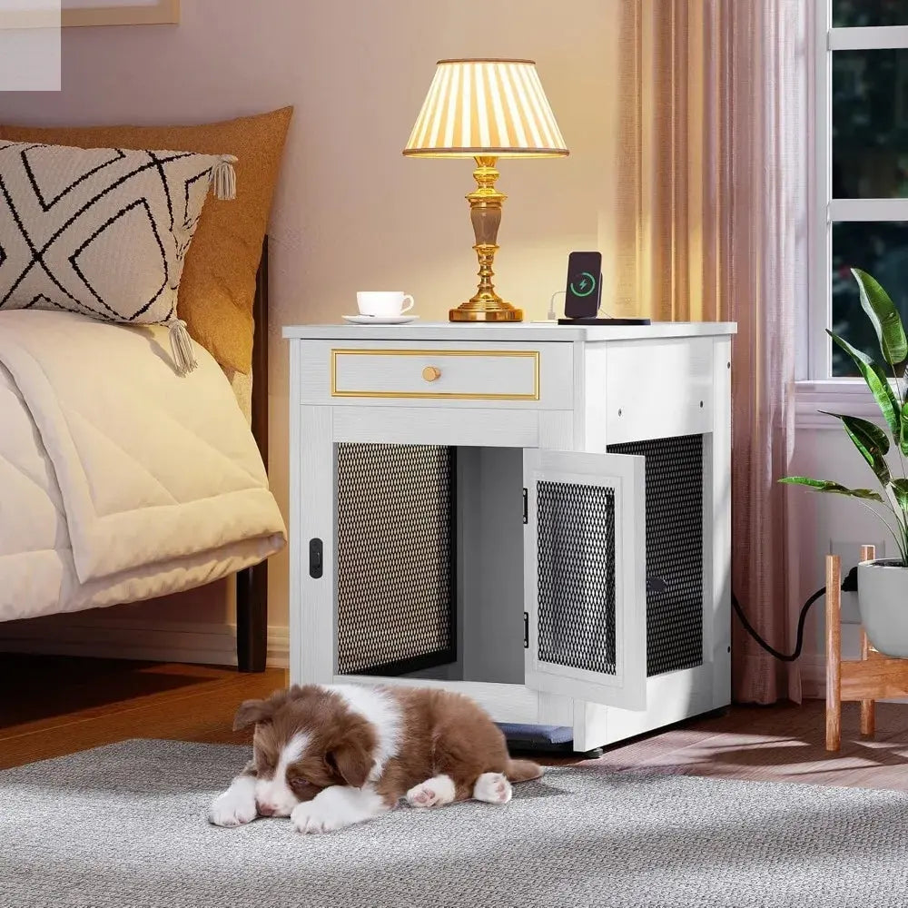 Wooden Dog Crate Furniture with Dual USB Ports, End Table for Small Dogs featuring Tray and Cushion