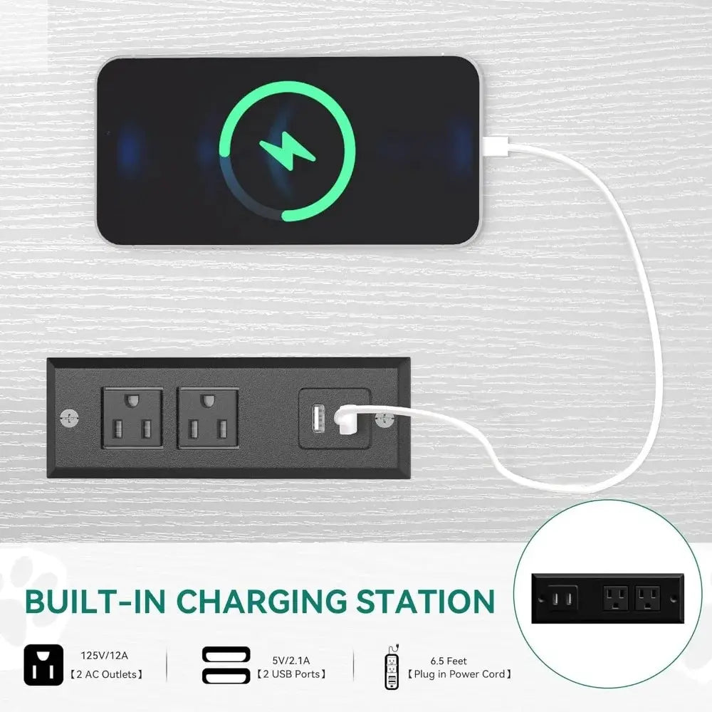Wooden Dog Crate Furniture with Dual USB Ports, End Table for Small Dogs featuring Tray and Cushion