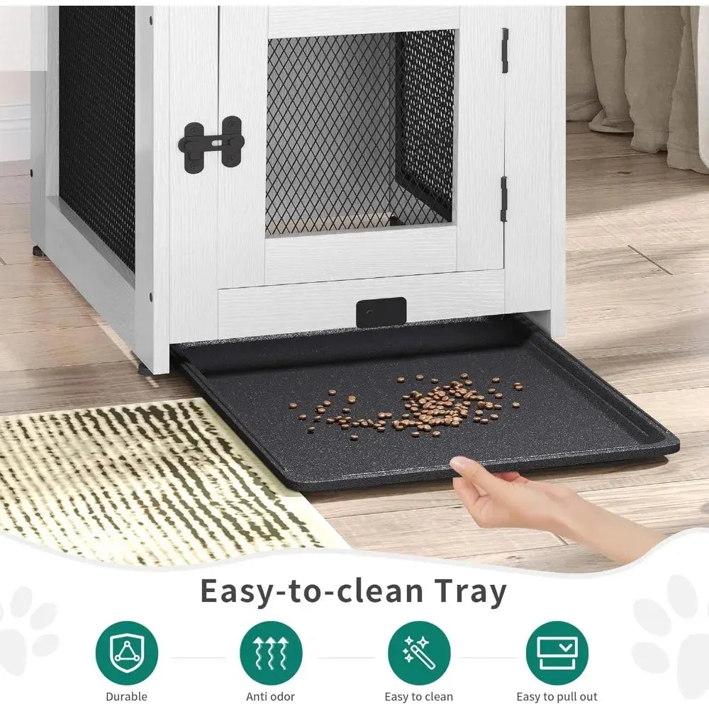 Wooden Dog Crate Furniture with Dual USB Ports, End Table for Small Dogs featuring Tray and Cushion