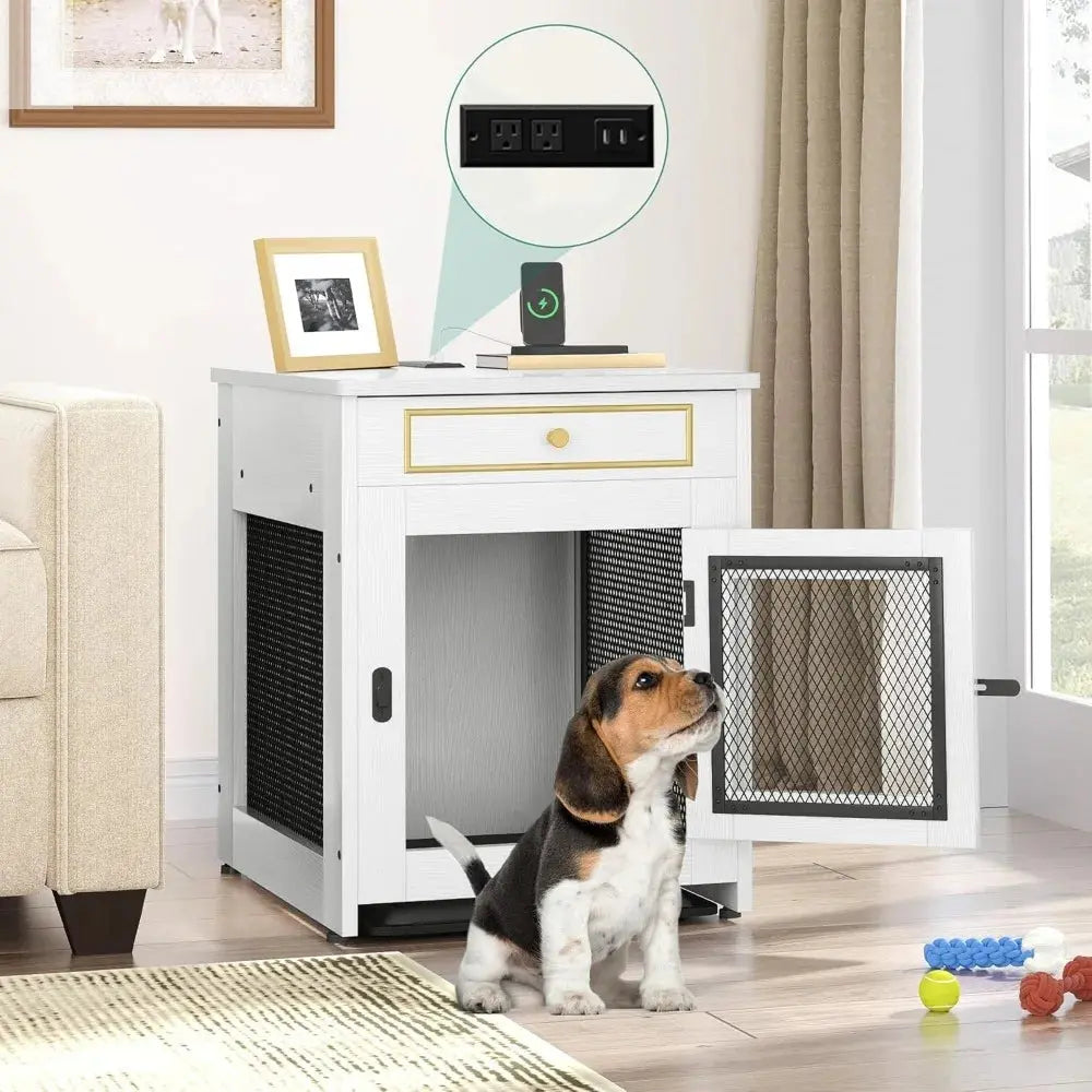 Wooden Dog Crate Furniture with Dual USB Ports, End Table for Small Dogs featuring Tray and Cushion