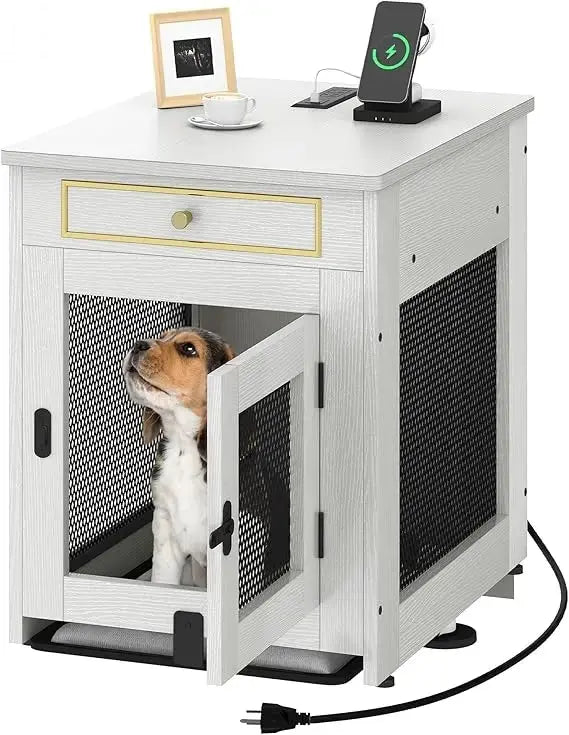 Wooden Dog Crate Furniture with Dual USB Ports, End Table for Small Dogs featuring Tray and Cushion